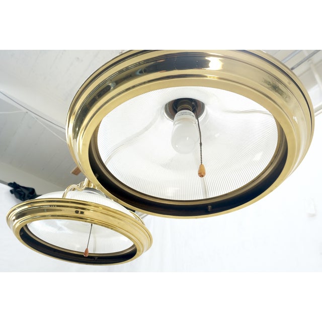 Mid-Century Modern Pair of Round Brass Ribbed Glass Long Chain Light Fixture Pendants MCM For Sale - Image 3 of 12
