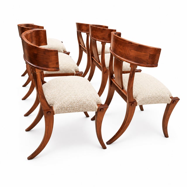 Mid-Century Modern Solid Walnut Upholstered Klismos Dining Chairs Set of 6 For Sale - Image 3 of 5