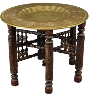 Anglo-Indian Hammered/Embossed Round Polished Brass Tray Table
