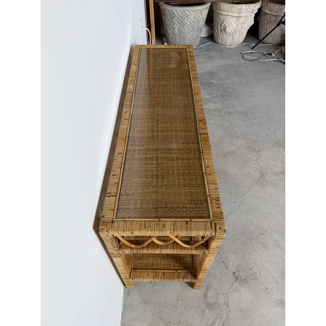 Wood Vintage Coastal Rattan Two-Tier Console Table With Glass Top For Sale - Image 7 of 17