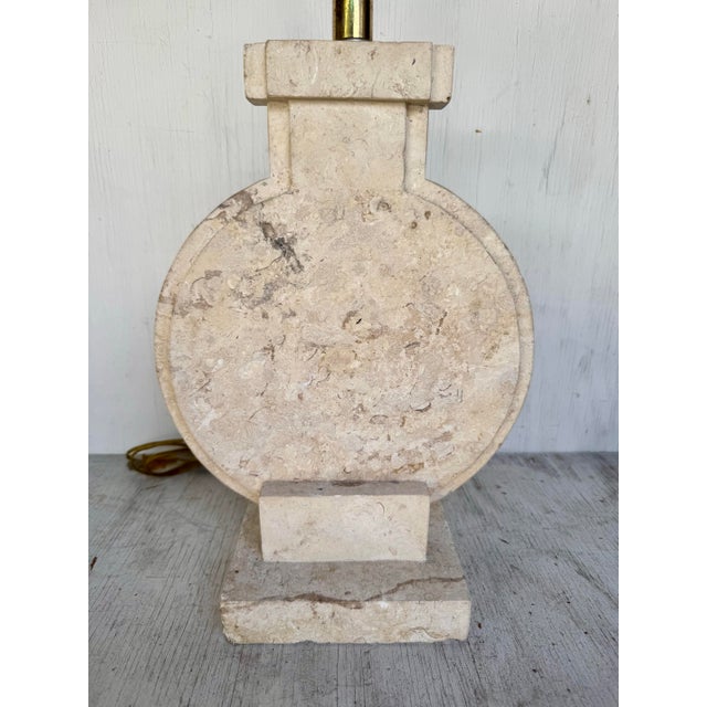 Vintage Hollywood Regency solid travertine stone table lamp featuring a sculptural, timeless design with beautiful natural...