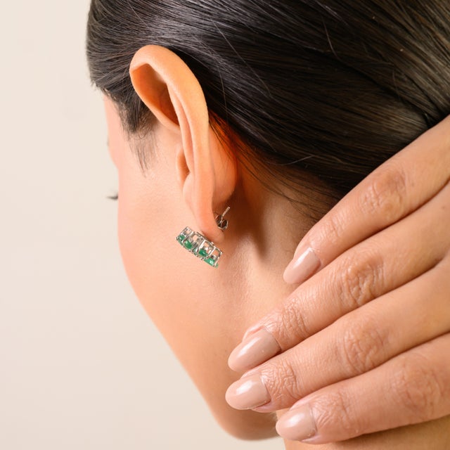 Metal 5.02 CTW Natural Emerald Floral Stud Earrings in 925 Sterling Silver- 2 Pieces For Sale - Image 7 of 11