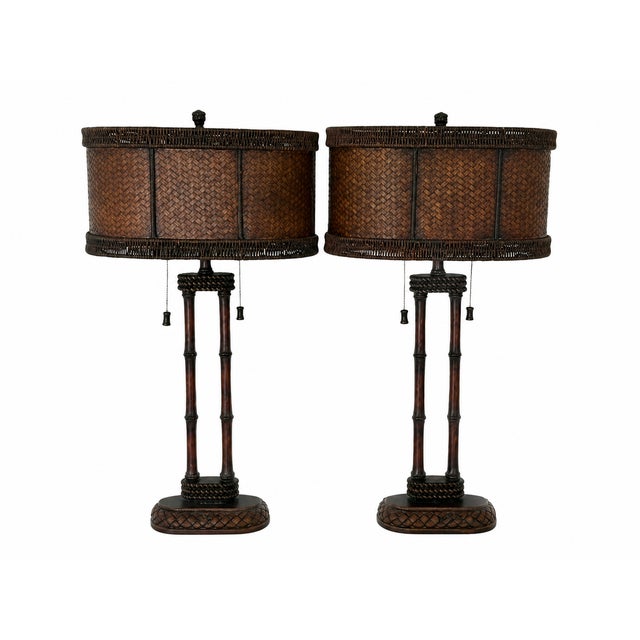Coastal Bamboo Style Lamps With Oval, Wovan Shades For Sale - Image 3 of 4