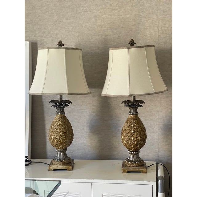 Hollywood Regency 1970s Tropical Coastal Faux Wood Pineapple Table Lamps Custom Shades - A Pair For Sale - Image 3 of 6