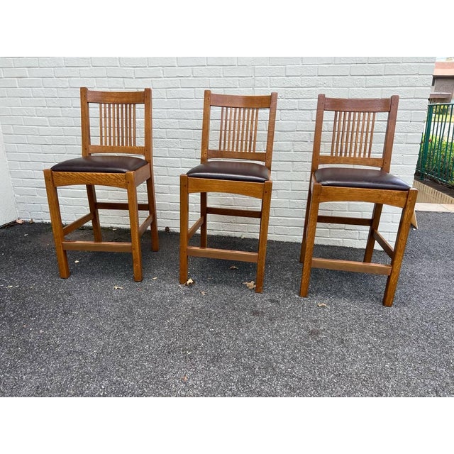 Stickley Mission Collection Set of Three Oak Spindle Counter Stools For Sale - Image 11 of 12
