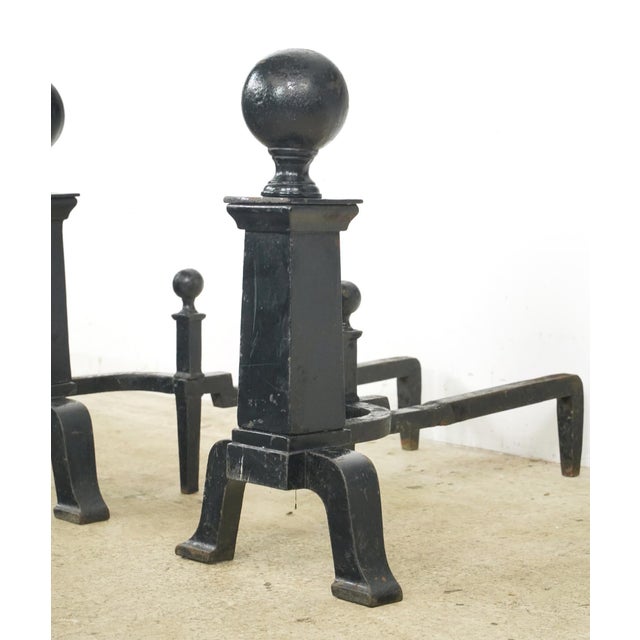 Traditional Pair of Antique Black Cast Iron Cannonball Andirons For Sale - Image 3 of 10