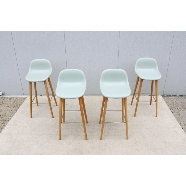 Mid-Century Modern Danish Modern Iskos-Berlin for Muuto Leather Fiber Bar Stools Oak Base, Set of 4 For Sale - Image 3 of 18