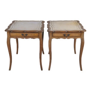 Mid 20th Century French Provincial Walnut Tooled Leather Serpentine Side Accent Tables - Set of 2 For Sale