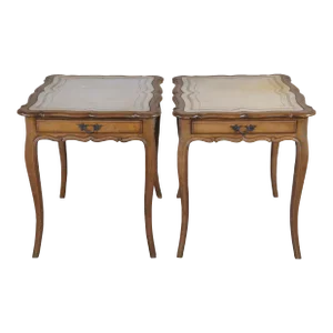 Mid 20th Century French Provincial Walnut Tooled Leather Serpentine Side Accent Tables - Set of 2