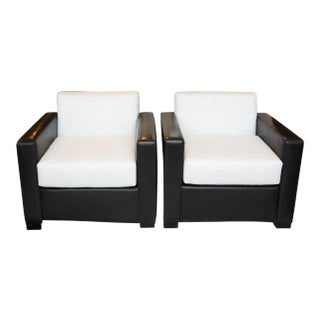 Custom Leather and Raw Silk Tuxedo Club Chairs - a Pair For Sale