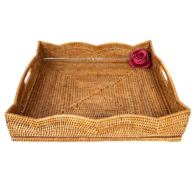 Boho Chic Artifacts Rattan Scallop Collection Square Tray in Honey Brown - 24" For Sale - Image 3 of 6