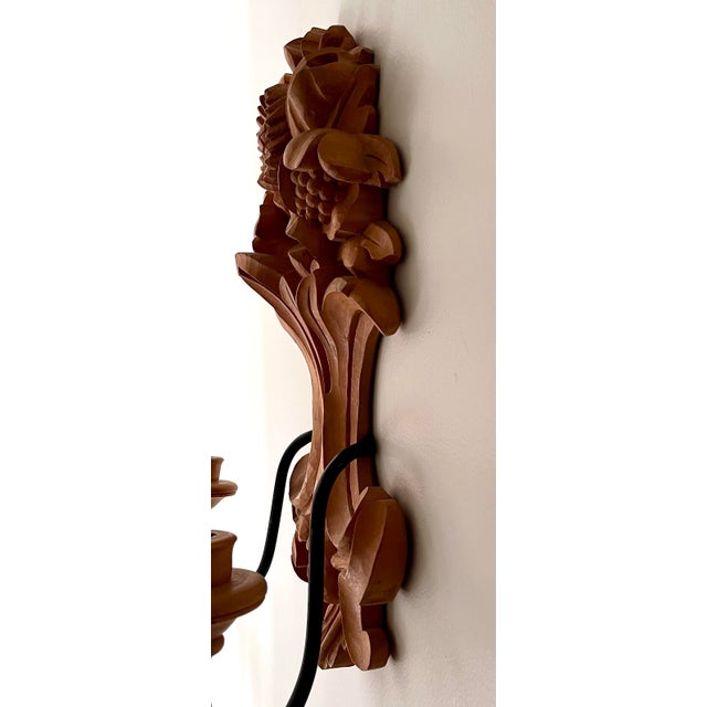 Vintage Italian Rustic Carved Wood Two Arm Candle Wall Sconces - A Pair For Sale - Image 9 of 11