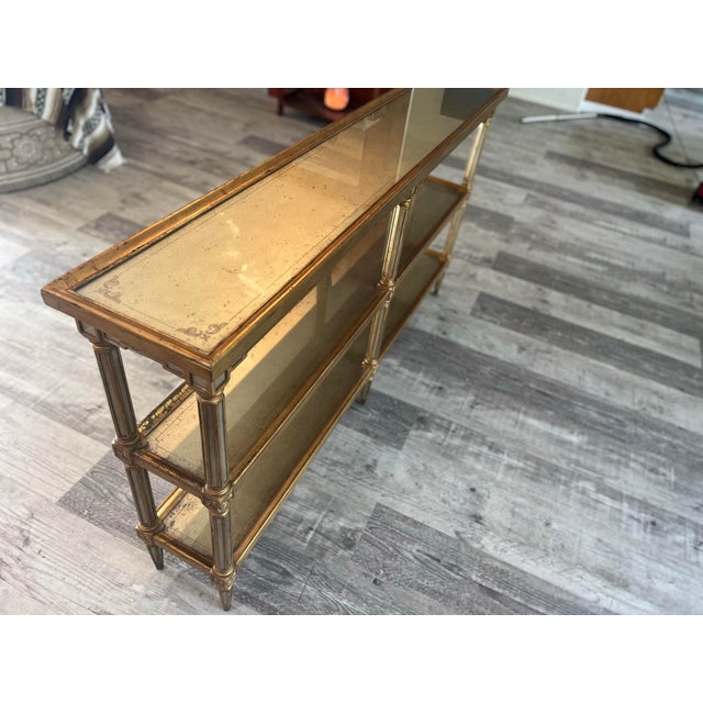 2000 - 2009 Theodore Alexander Hollywood Regency Gilded Eglomisé Glass Three-Tier Console Table For Sale - Image 5 of 6