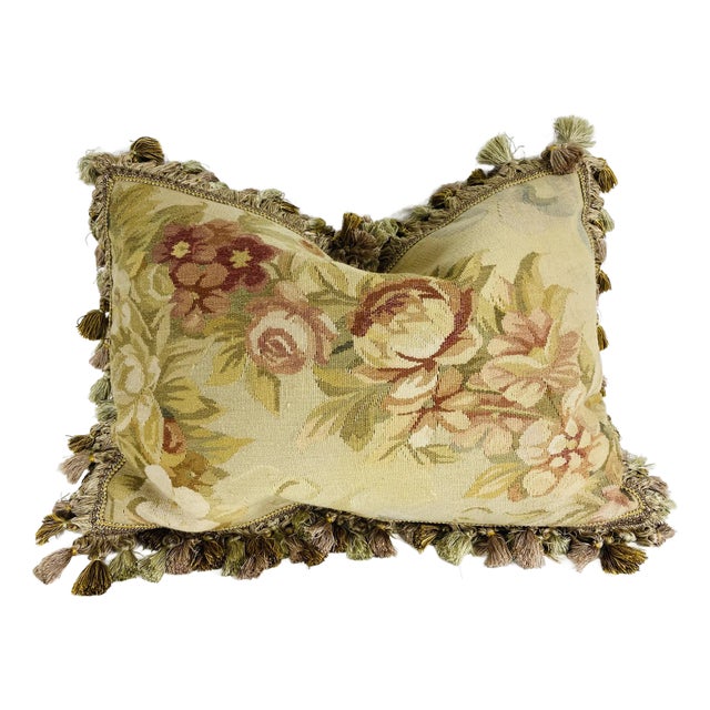 Vintage Tasselled Floral Aubusson Tapestry Pillow For Sale