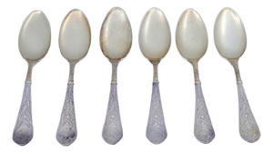 Silver Coffee Spoons with Golden Shells and Embossed Handles, Set of 6