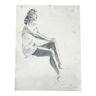 1944 Figure Study Drawing Pencil on Paper For Sale