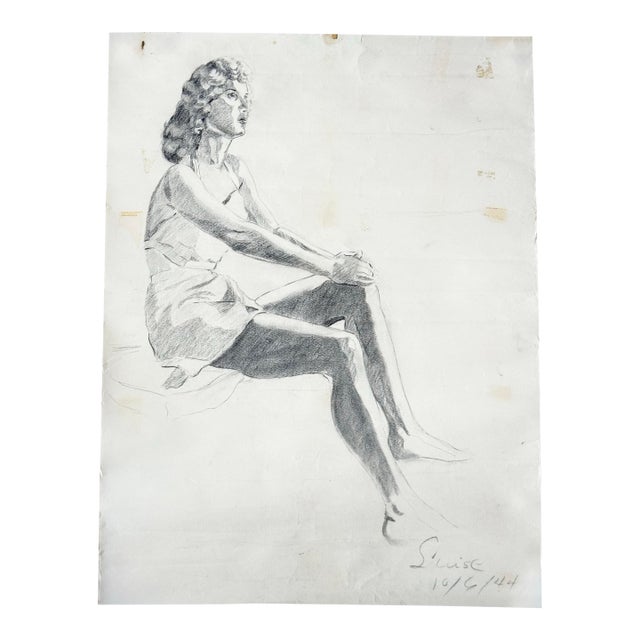 1944 Figure Study Drawing Pencil on Paper For Sale