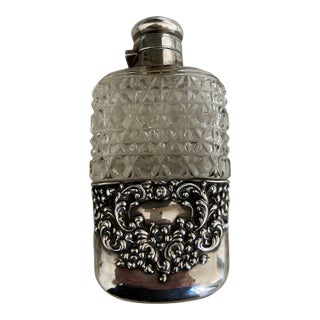 Unger Brothers Victorian Sterling Silver and Cut Glass Flask With Reposse' Cup, C. 1900 For Sale
