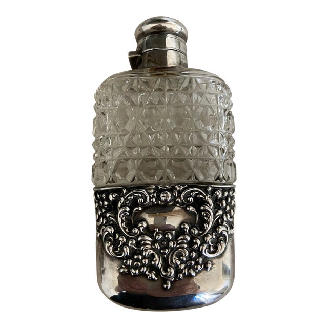 Unger Brothers Victorian Sterling Silver and Cut Glass Flask With Reposse' Cup, C. 1900 For Sale