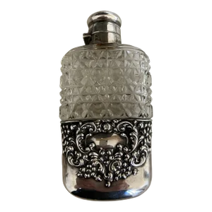 Unger Brothers Victorian Sterling Silver and Cut Glass Flask With Reposse' Cup, C. 1900
