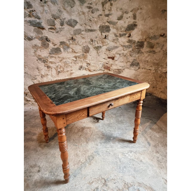 French Oak and Walnut Dining Table with Marble Top For Sale - Image 9 of 18