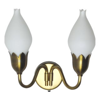 2-Arm Brass and Opaline Glass Wall Lamp from Fog & Mørup, 1950s For Sale