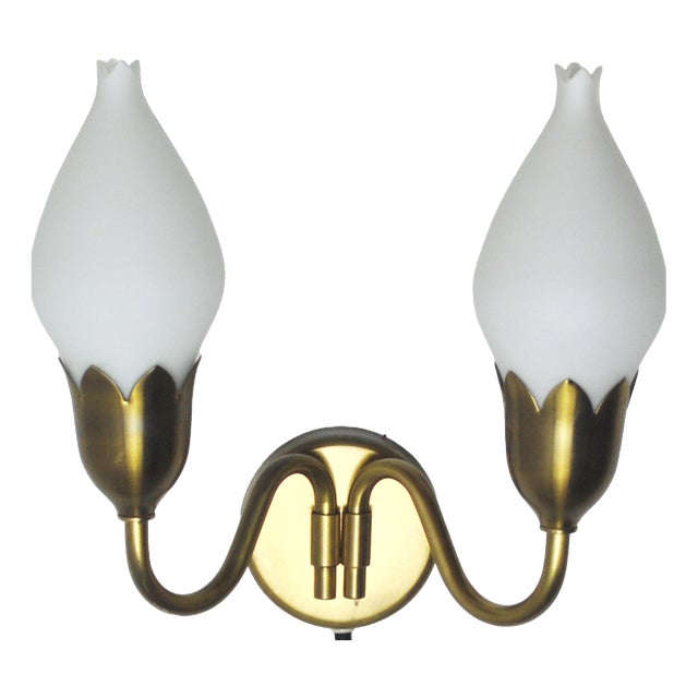 2-Arm Brass and Opaline Glass Wall Lamp from Fog & Mørup, 1950s For Sale