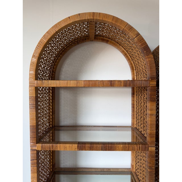 Brown 1970's Vintage Palm Beach Regency Style Arched Rattan & Glass Étagères – A Pair For Sale - Image 8 of 18