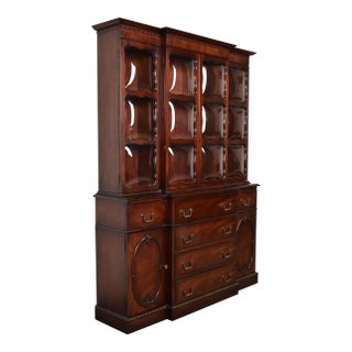 Baker Furniture Style Georgian Mahogany Bubble Glass Breakfront Bookcase Cabinet With Drop Front Secretary Desk, Circa 1940s For Sale