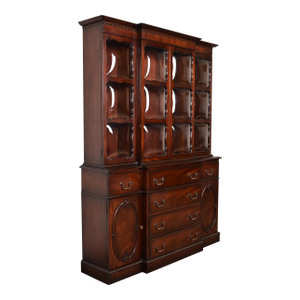 Baker Furniture Style Georgian Mahogany Bubble Glass Breakfront Bookcase Cabinet With Drop Front Secretary Desk, Circa 1940s