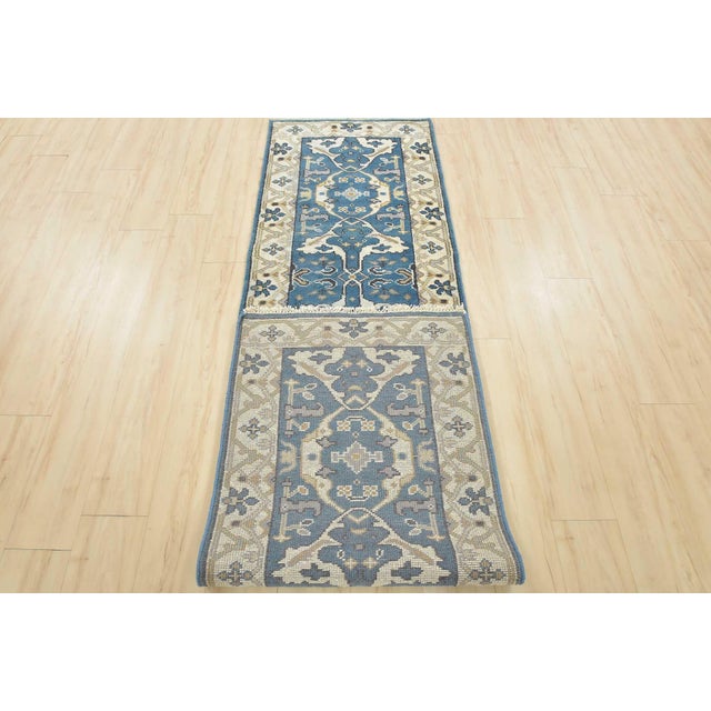 Oushak Runner 2’7” X 10′ Blue Wool Tribal Hand-Knotted Oriental Rug For Sale - Image 12 of 13