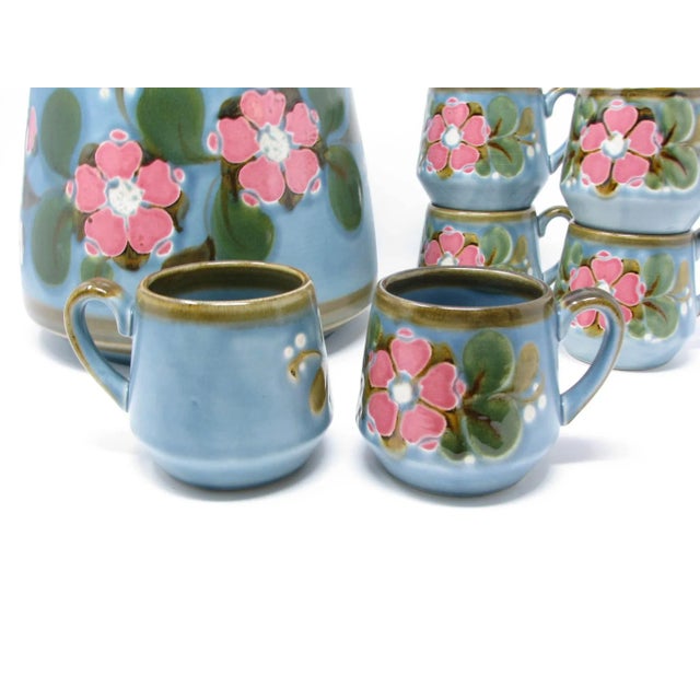 Vintage SMF Schramberg Germany Garmisch pattern pottery punch / cider / hot cocoa serving bowl with wooden lid and 6...