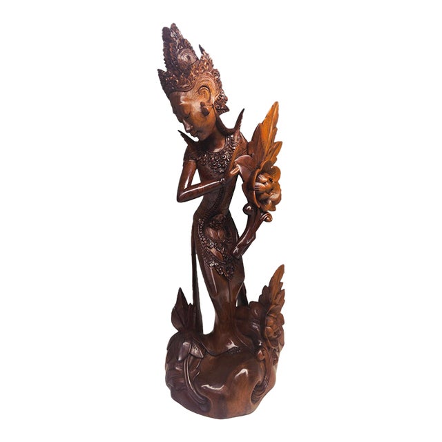 Vintage 1950s Balinese Modernist Dewi Uma With Lotus – Signed Exhibition Masterwork by I Made Narta For Sale