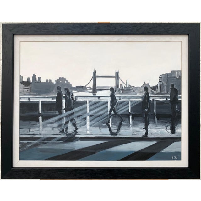 Contemporary Angela Wakefield, Black & White Painting of People in Sunshine on London Bridge with Tower Bridge, 2011 For Sale - Image 3 of 9