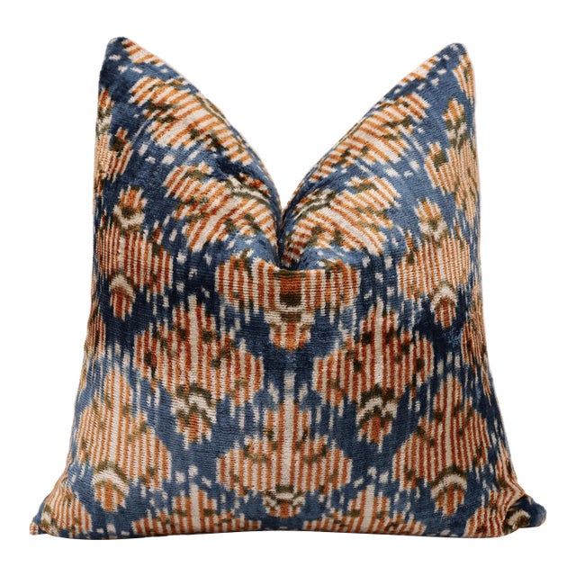 Blue Ikat Silk Velvet Pillow 20x20 | Handmade Designer Accent Cushion For Sale