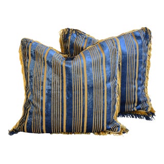 French Blue & Gold Silk Stripe Velvet Feather/Down Pillows W/Fancy Trim 19" Square - Pair For Sale