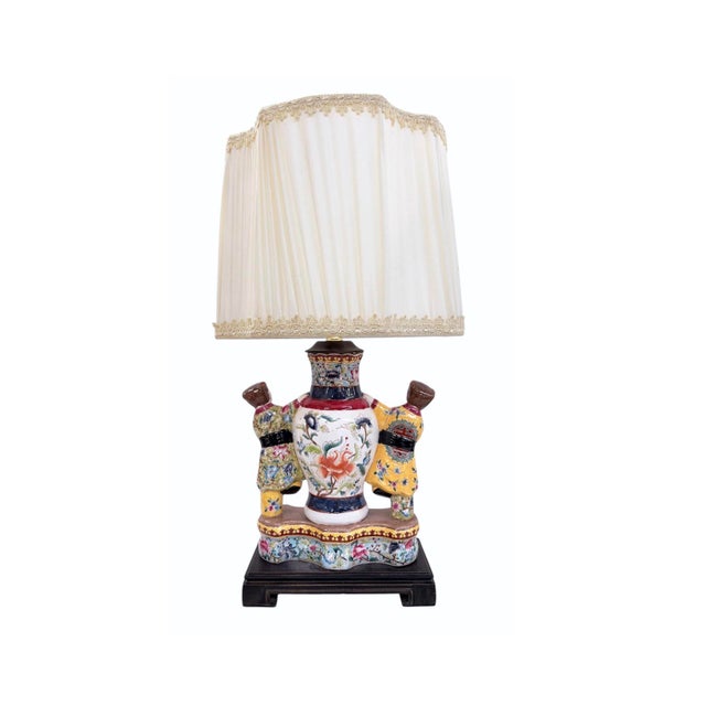 Chinese Pair of Antique Famille Rose Chinese Pottery Figural Designer Table Lamps For Sale - Image 3 of 4