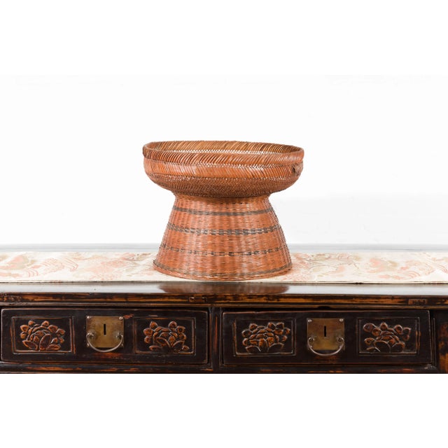 Thai Vintage Woven Rattan Fruit Market Basket with Pedestal Tapering Base For Sale - Image 9 of 11