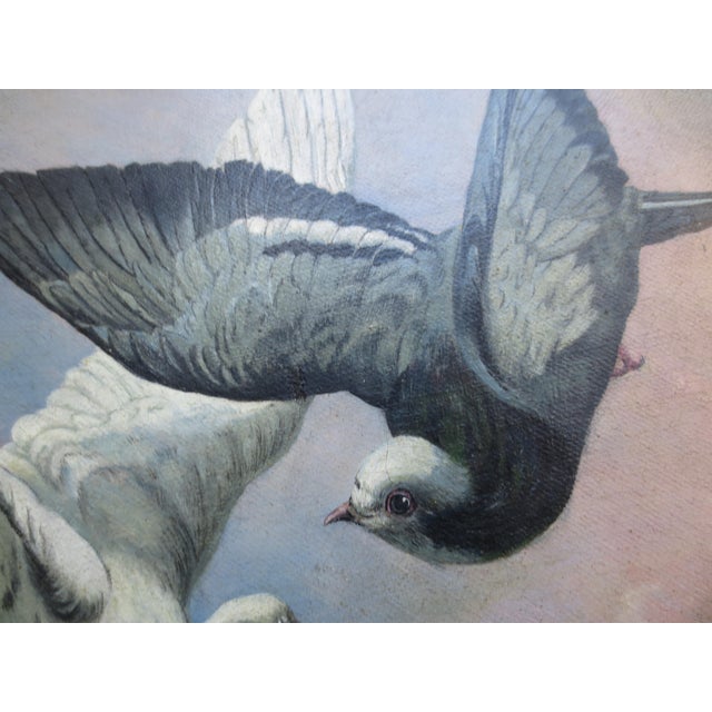 A romantic symbolist painting on the imagery of doves in flight, coming together in a shared moment. Poetic and...