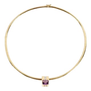 14k Gold, Amethyst, and Diamonds Omega Necklace 21 Grams For Sale