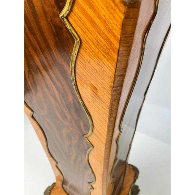 Pair of Mid-20th Century French Rococo Style Marquetry & Ormolu Pedestals With Green Marble Tops For Sale - Image 12 of 16