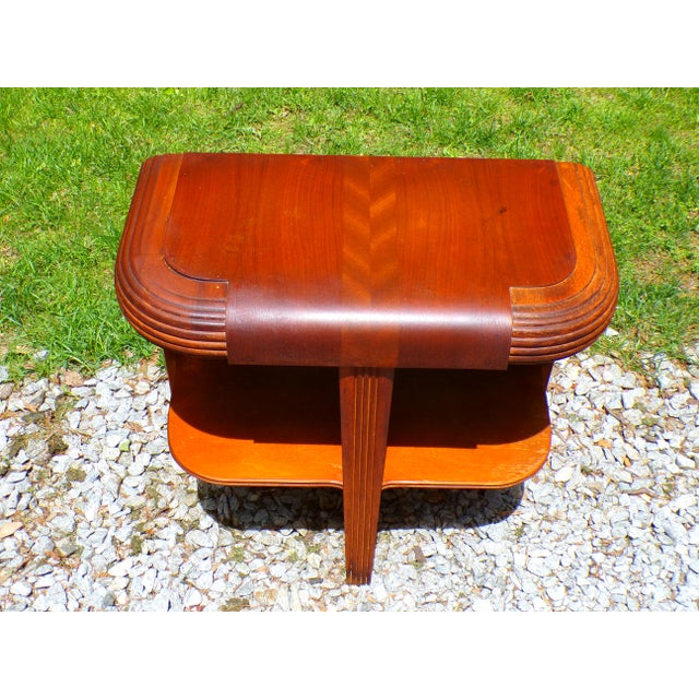Vintage Art Deco Waterfall End Table Demilune Tripod Stand. Constructed of Walnut wood with characteristic curved edges...