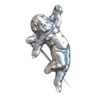 Antique Sterling Silver Cupid Pin With Bow and Arrow and Crystal For Sale