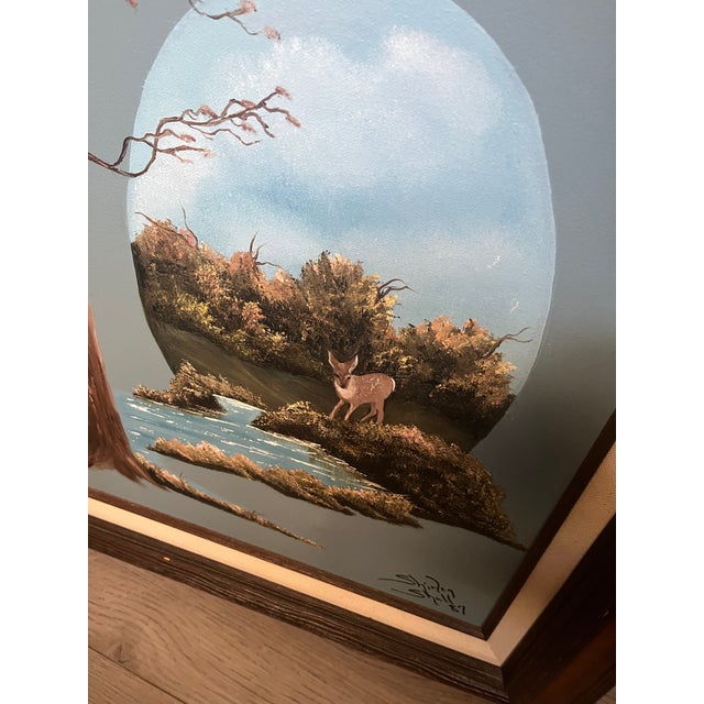 Original “Fawn by the Water” Painting, Stretched and Mounted in Solid Wood Ornate Vintage Frame, Signed by Artist For Sale - Image 4 of 5