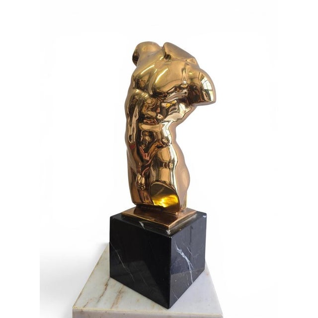 Italian Artist, Gilt Bronze Male Torso on Black Marble Base, 1950s, Bronze For Sale - Image 11 of 13