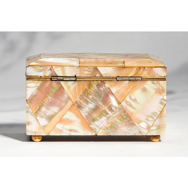 Rare Antique English Mother of Pearl Jewelry Box Victorian Miniature Keepsake Box With Key For Sale - Image 10 of 14