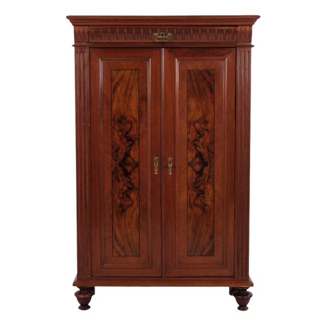 Large Antique Hand-Polished Walnut Cabinet with Carved Details, 1880s For Sale