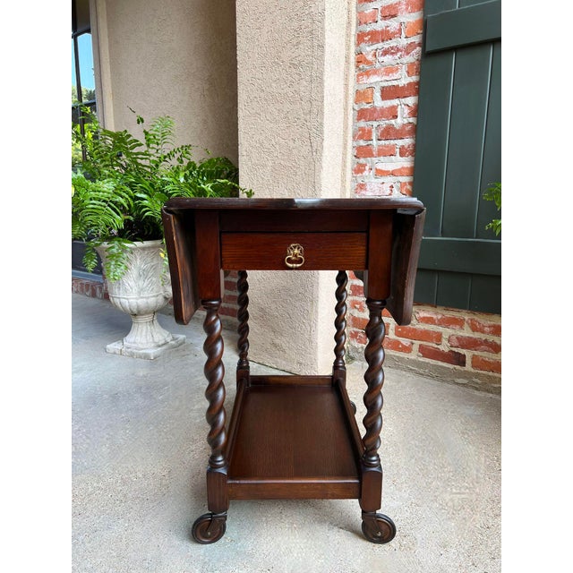 Mid-Century Modern Antique English Tea Trolley Drinks Cart Barley Twist Dumbwaiter Drop Leaf Table For Sale - Image 3 of 12