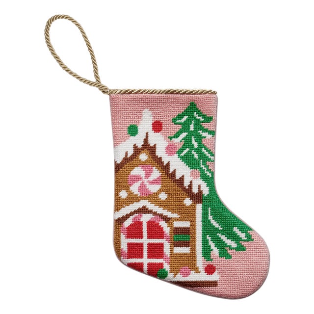 Gingerbread House Embroidered Needlepoint Mini Stocking For Sale