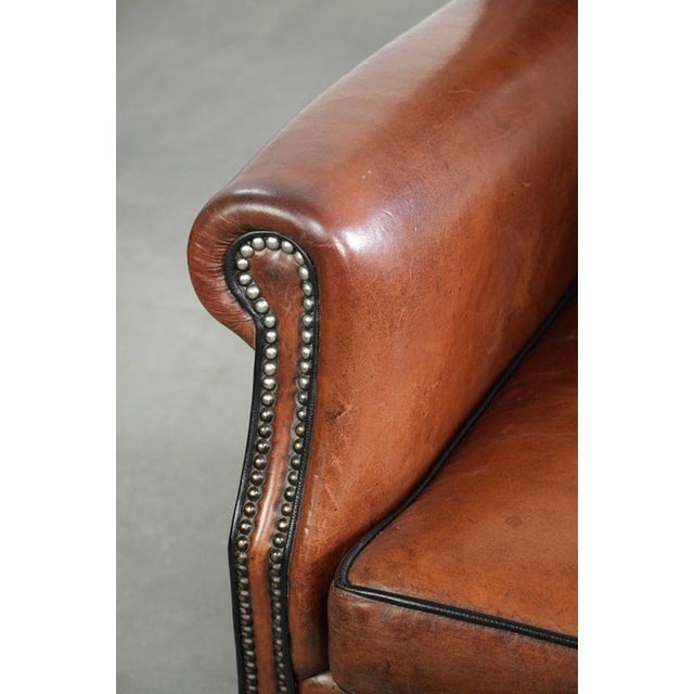 Sheepskin Wing Armchair in Cognac Color For Sale - Image 10 of 13